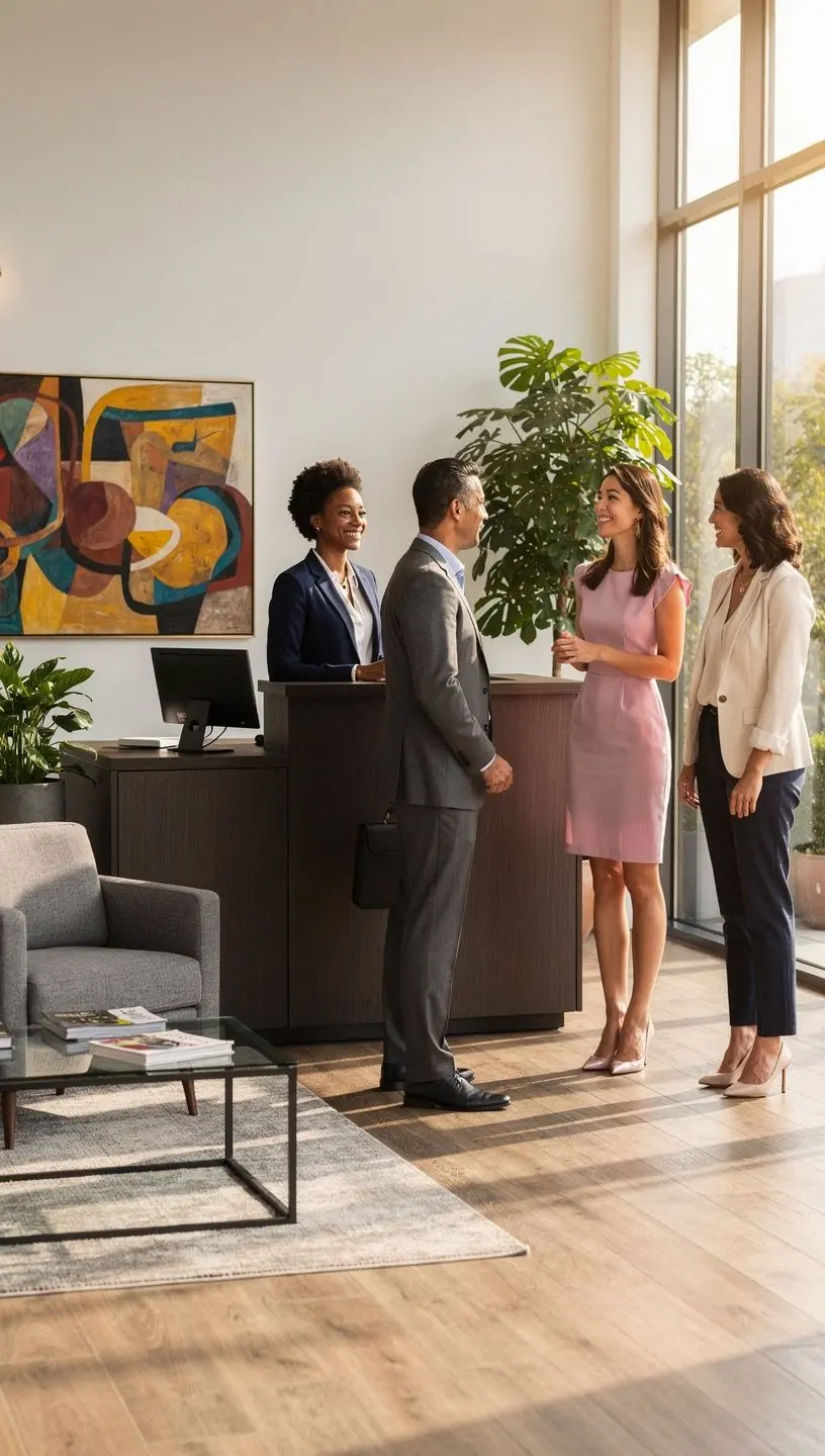 Czytelny układ przestrzenny z oznaczeniami kierunków, zapewniający łatwą nawigację w biurze.